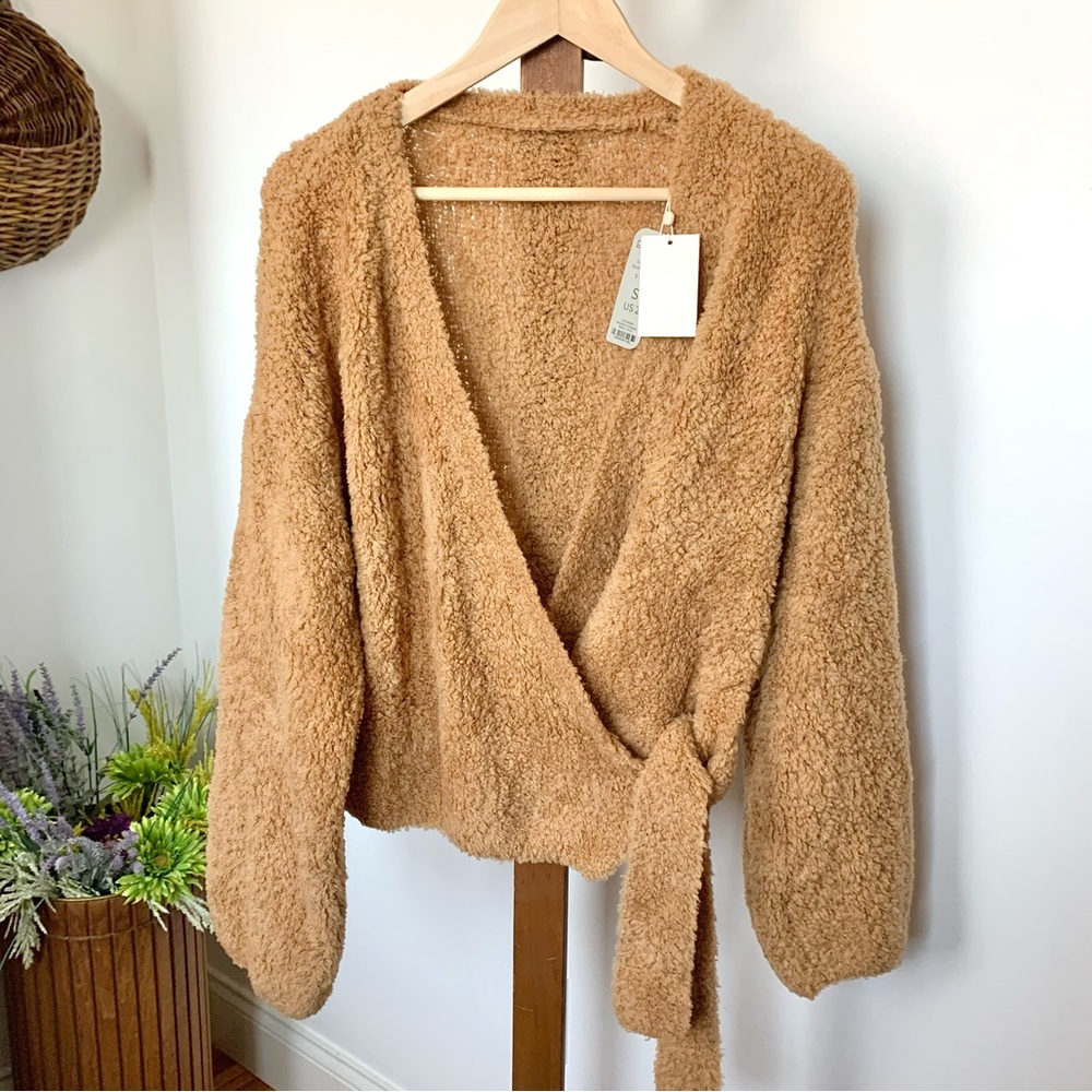 NEW NEIWAI Fuzzy Wool Wrap Cardigan Dance Ballet Sweater in Butterscotch NWT